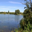Blick auf einen See. Im Hintergrund das andere Ufer mit vielen Bäumen und ein blauer Himmel mit Schleierwolken. Auf dem See sind weit hinten kleine weiße Boote zu erkennen. Rechts sind grüne Büsche und Hecken, weiter hinten rechts lässt sich ein Campingplatz erkennen.