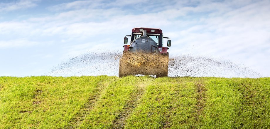 Ein roter Traktor verteilt mit seinem Güllefass die Gülle auf einem grünen Feld. Weiße Wolken bedecken den blauen Himmel. 