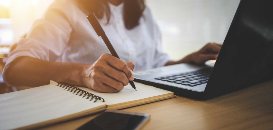 young woman  with learning language during online courses using