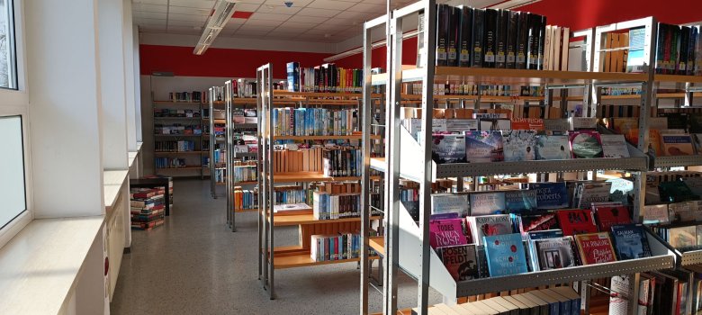 In Regalen des Medienzentrums in Rotenburg stehen viele Bücher. Der Raum ist lichtdurchflutet.