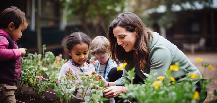Back to school, School teacher woman with children in school garden take care of plants together