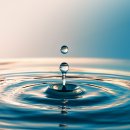 Nahaufnahme eines Wassertropfen, der ins Wasser tropft, hochspritzt und Wellen erzeugt.
