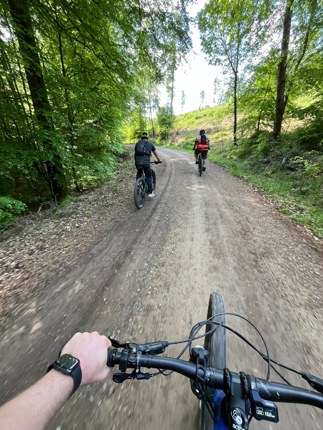 Blick aus der Ich-Perspektive vom Fahrradlenker auf einen Schotterweg im Wald, auf dem zwei Radfahrende vorausfahren.