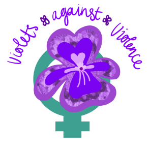 Ein illustrierte lila Veilchen steht im Mittelpunkt des Bildes. Im Hintergrund steht das weibliche Geschlechtersymbol in grün. Die Schrift sagt "violets against violence".