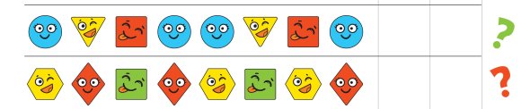 Ein buntes Rätselbild. Es zeigt vier Reihen mit verschiedenen bunten Formen, die Gesichter mit unterschiedlichen Emotionen haben. Jede Reihe folgt einem bestimmten Muster, und am Ende jeder Zeile ist ein leeres Kästchen mit einem Fragezeichen in einer passenden Farbe. Die Aufgabe besteht darin, das nächste Symbol in der Reihenfolge zu bestimmen.