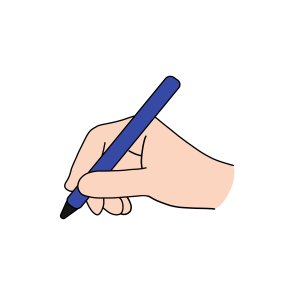 Eine einfache, stilisierte Zeichnung einer Hand, die mit einem blauen Stift schreibt. Die Illustration zeigt eine natürliche Schreibhaltung auf weißem Hintergrund.