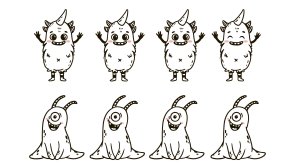 Find different monster each row. Logical game for kids. Cartoon monster. Doodle. Vector