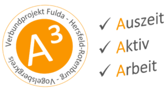 Logo A3: "A³ - Verbundprojekt Fulda-Hersfeld-Rotenburg-Vogelsbergkreis - Auszeit, Aktiv, Arbeit"