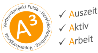 Logo A3: "A³ -  Verbundprojekt Fulda-Hersfeld-Rotenburg-Vogelsbergkreis - Auszeit, Aktiv, Arbeit"