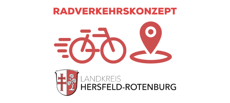 Das Logo des Radverkehrskonzept Hersfeld-Rotenburg: In roter Schrift steht oben das Wort in Versalien Radverkehrskonzept. Darunter in rot zwei Symbole: ein Fahrrad und rechts daneben eine Ortsmarke. Darunter das Wappen des Landkreises Hersfeld-Rotenburg mit dem Schriftzug in schwarz Landkreis Hersfeld-Rotenbug.
