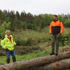 Zwei Männer stehen im Wald.