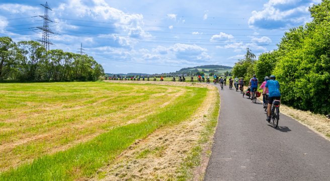 Viele Radfahrer sieht man von hinten auf einem Weg fahren. Auf der linken Seite sieht man Feld.